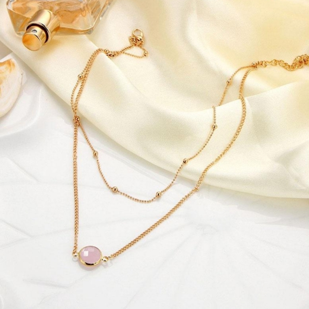 Pink Crystal & Gold Alloy Tiered Necklace